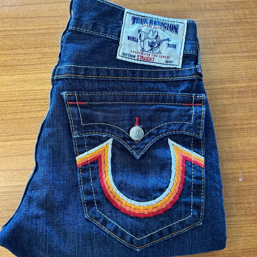 True Religion World Tour Mens 30 Straight Rainbow Embroidery Denim Jeans USA